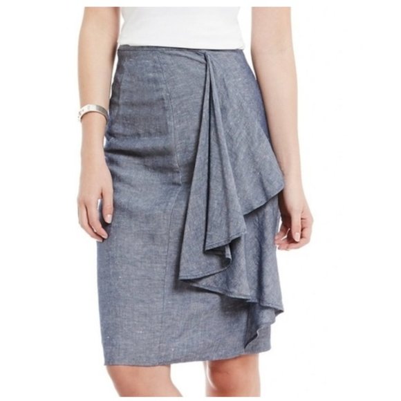 NWT Women's Halston Pencil Skirt Linen Chambray Blue Denim Color Size 4 - Picture 3 of 12